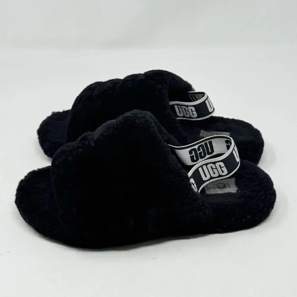 UGG Fluff Yeah Shearling Slingback Slippers Kids Girls 5 Black Red Open Toe